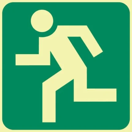E28 man running left escape route photoluminescent sign
